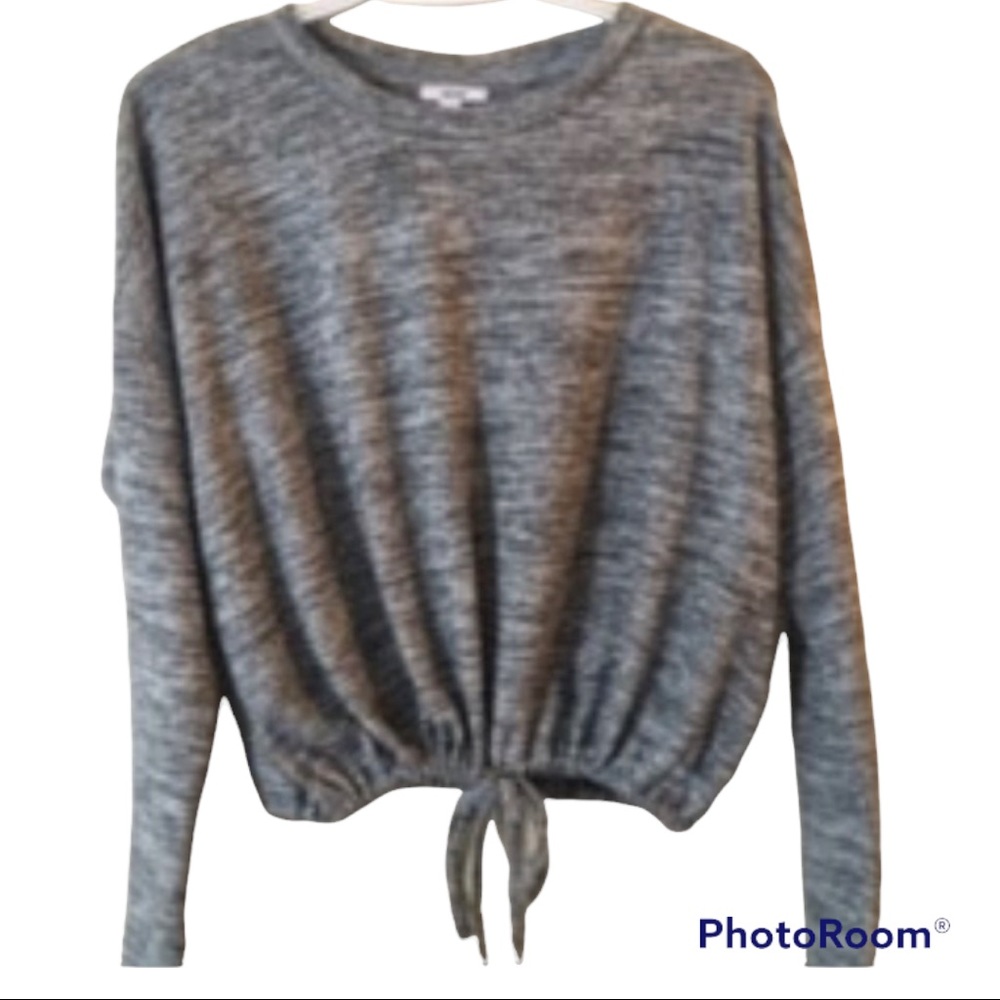 Ardene Cropped Long Sleeve Tie Waist Top - Gray - Size XS (Fits Oversized)